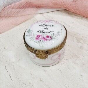 Antique Limoges France Porcelain "Dent De Lait" Tooth Fairy Box With Pink Ribbon